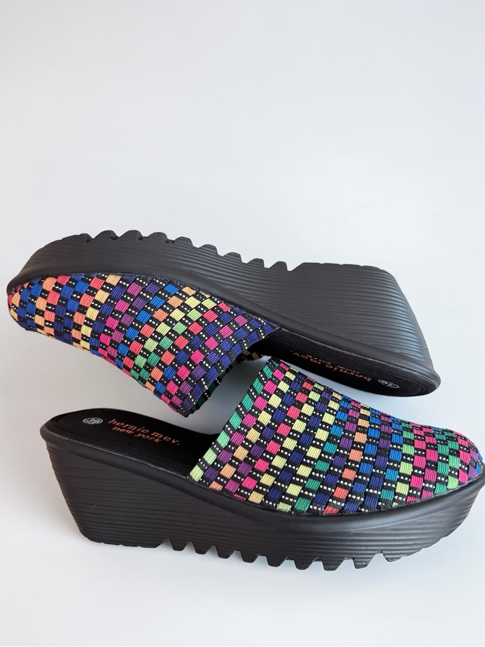 Colorful Bernie Mev Rainbow Stretch Woven Memory Foam Wedge Platform Mules